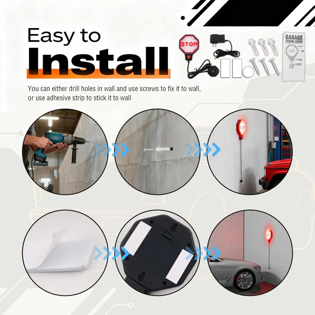 Garage Parking Sensor from HighPeak installation guide showing screw mounting and adhesive mounting methods.