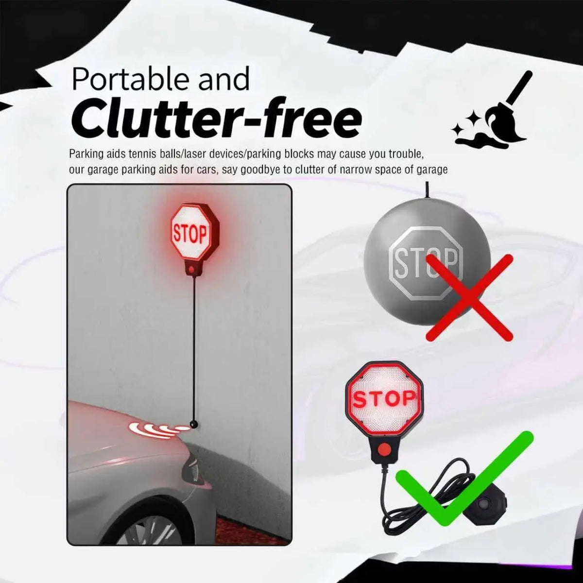 Garage Parking Sensor from HighPeak comparison showing a wall-mounted stop indicator beside a hanging parking ball.
