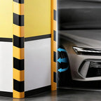 Garage Wall Protection Strip on parking-column corners beside a car with blue cushioning arrows