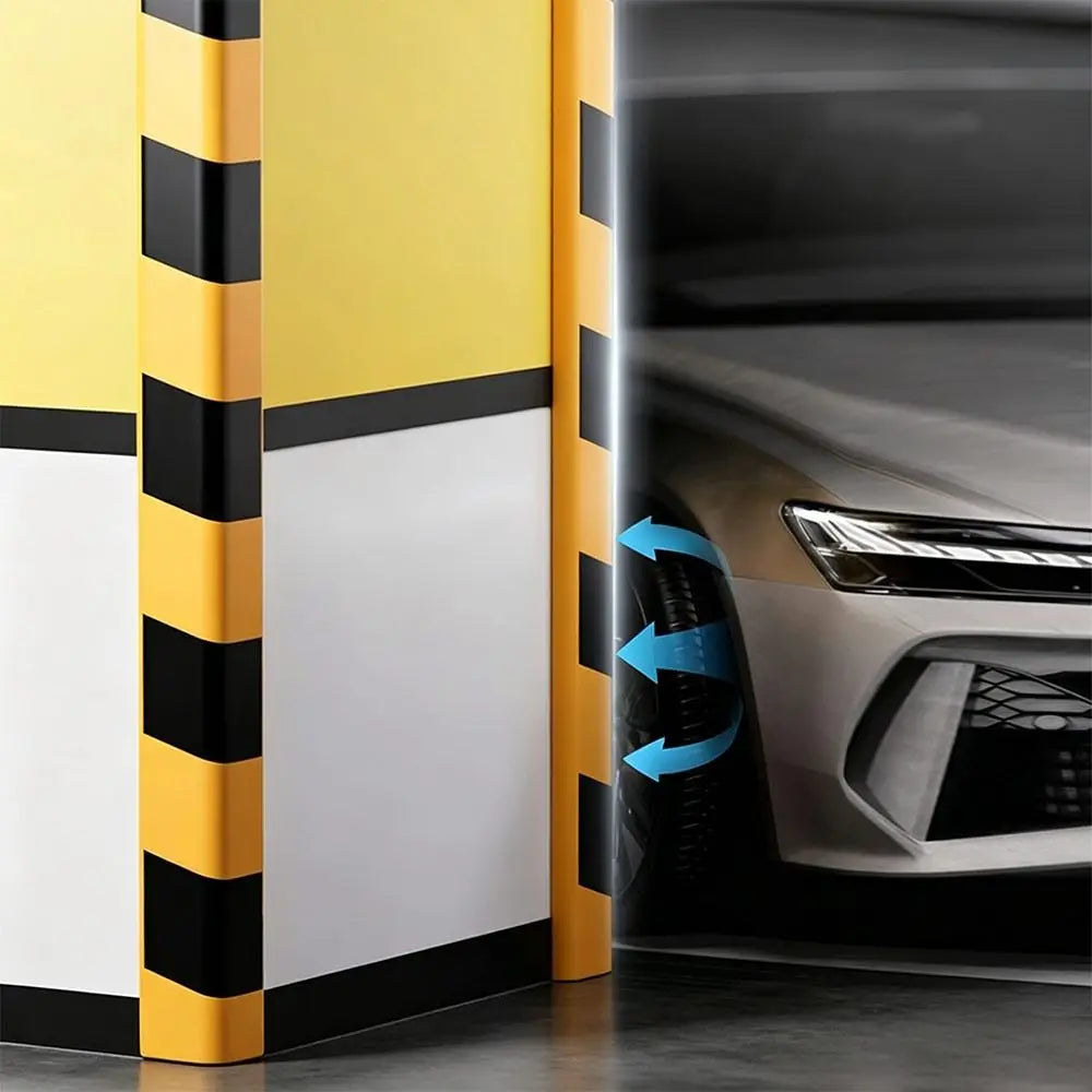 Garage Wall Protection Strip on parking-column corners beside a car with blue cushioning arrows