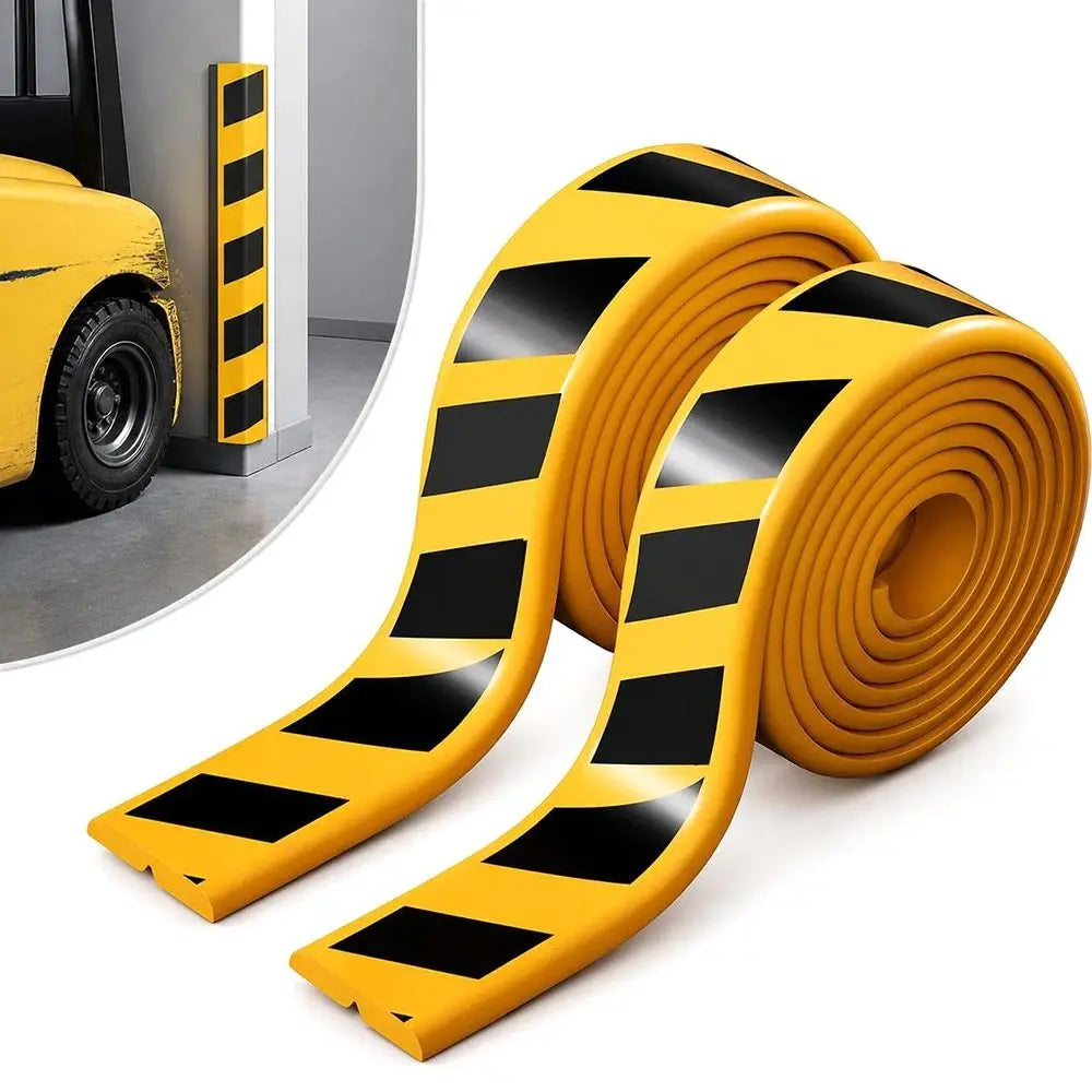 Garage Wall Protection Strip coiled to show the padded profile with a forklift-area installation inset
