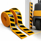 Garage Wall Protection Strip rolls in black and yellow beside an installed vertical corner guard