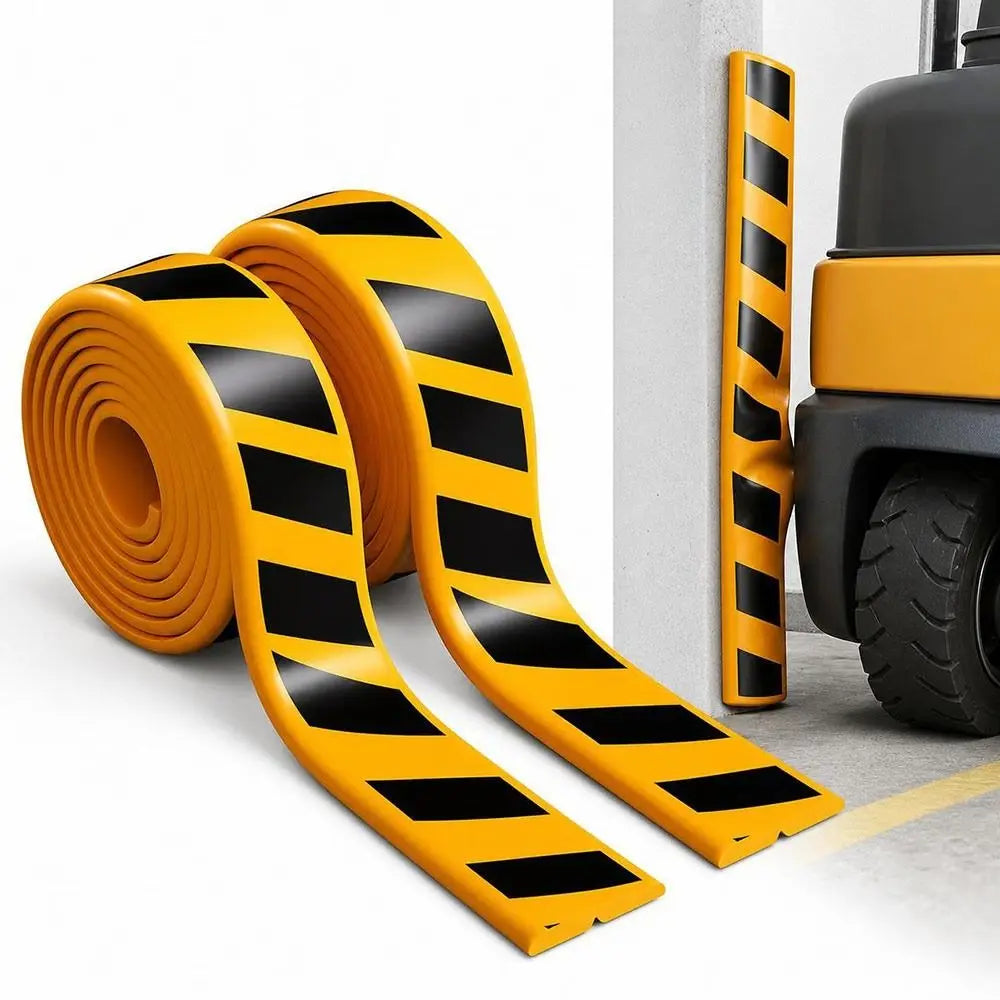Garage Wall Protection Strip rolls in black and yellow beside an installed vertical corner guard