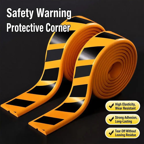 Garage Wall Protection Strip black-and-yellow rolls on a dark background with supplier feature labels