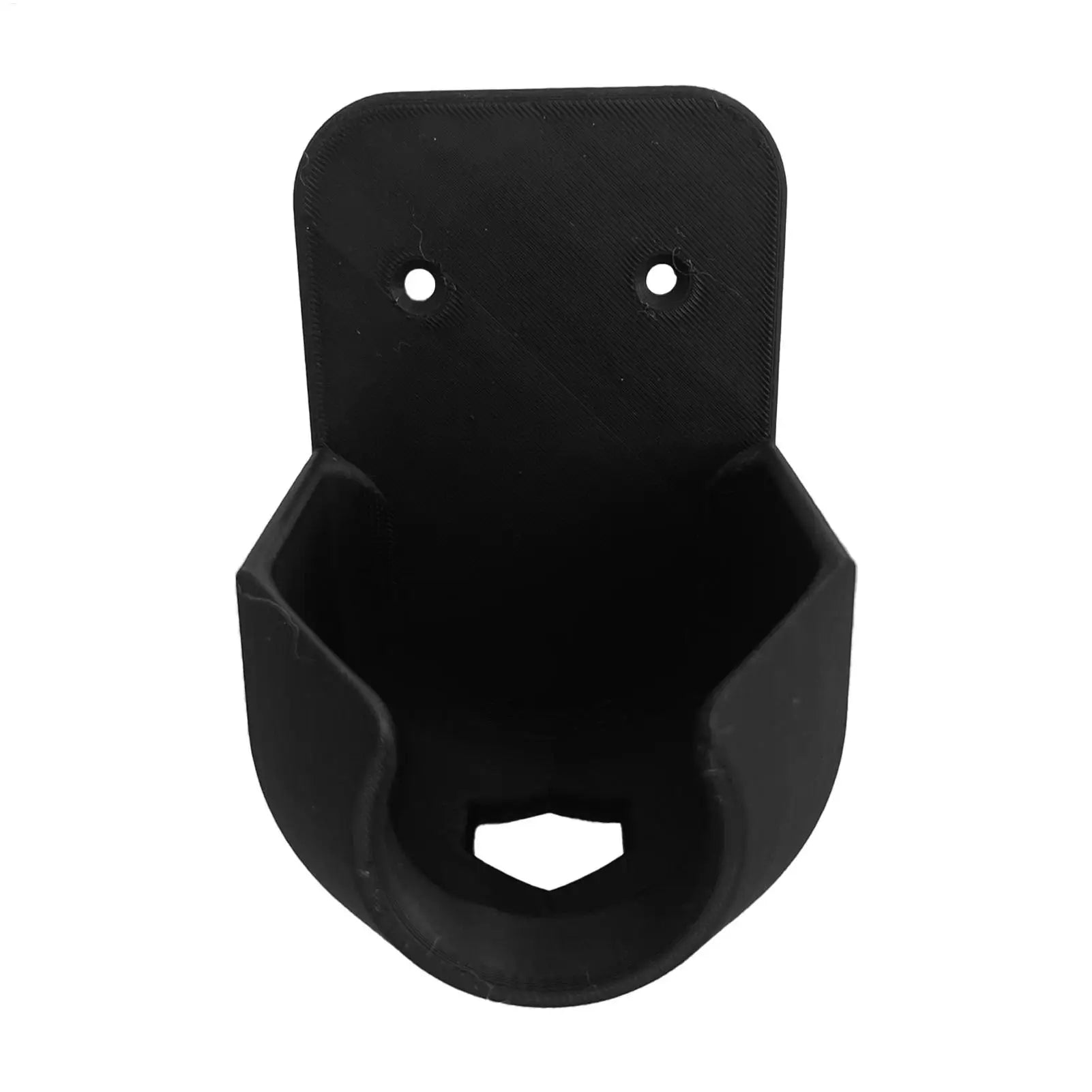 Garden Hose Nozzle Holder in black viewed from the front with mounting holes and drainage opening visible