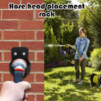 Garden Hose Nozzle Holder securing a spray nozzle on a brick wall beside a backyard watering scene