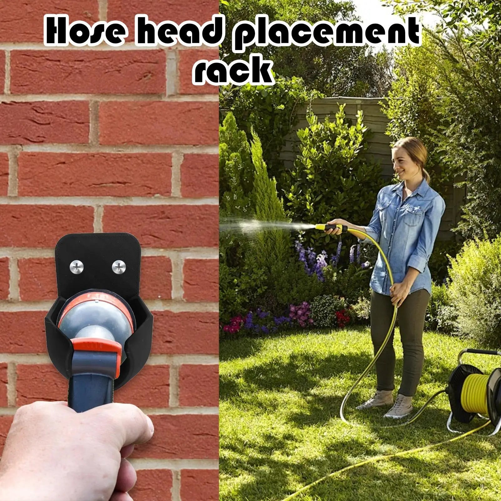 Garden Hose Nozzle Holder securing a spray nozzle on a brick wall beside a backyard watering scene