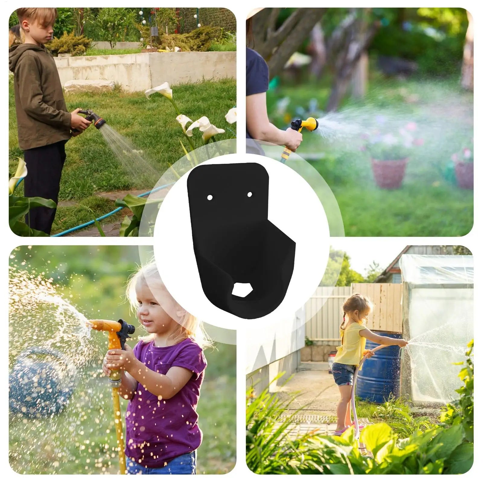 Garden Hose Nozzle Holder shown with several backyard watering and garden irrigation use scenes