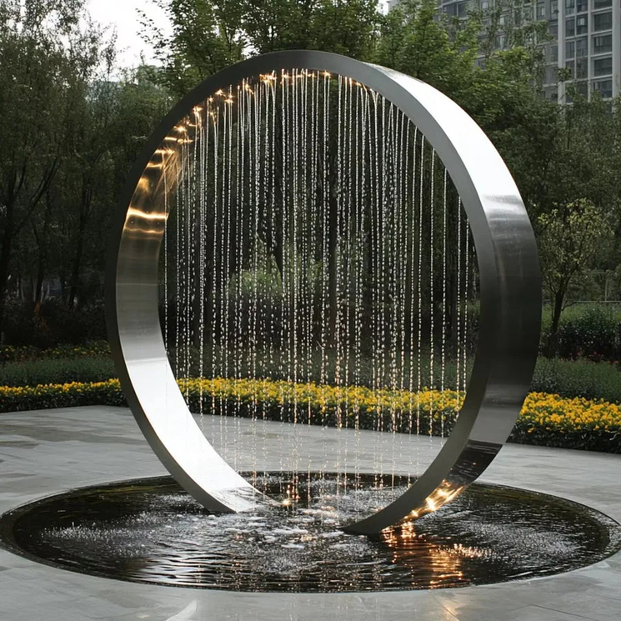 Garden Ring Waterfall Fountain in a planted courtyard, with fine water streams falling inside its polished circular frame