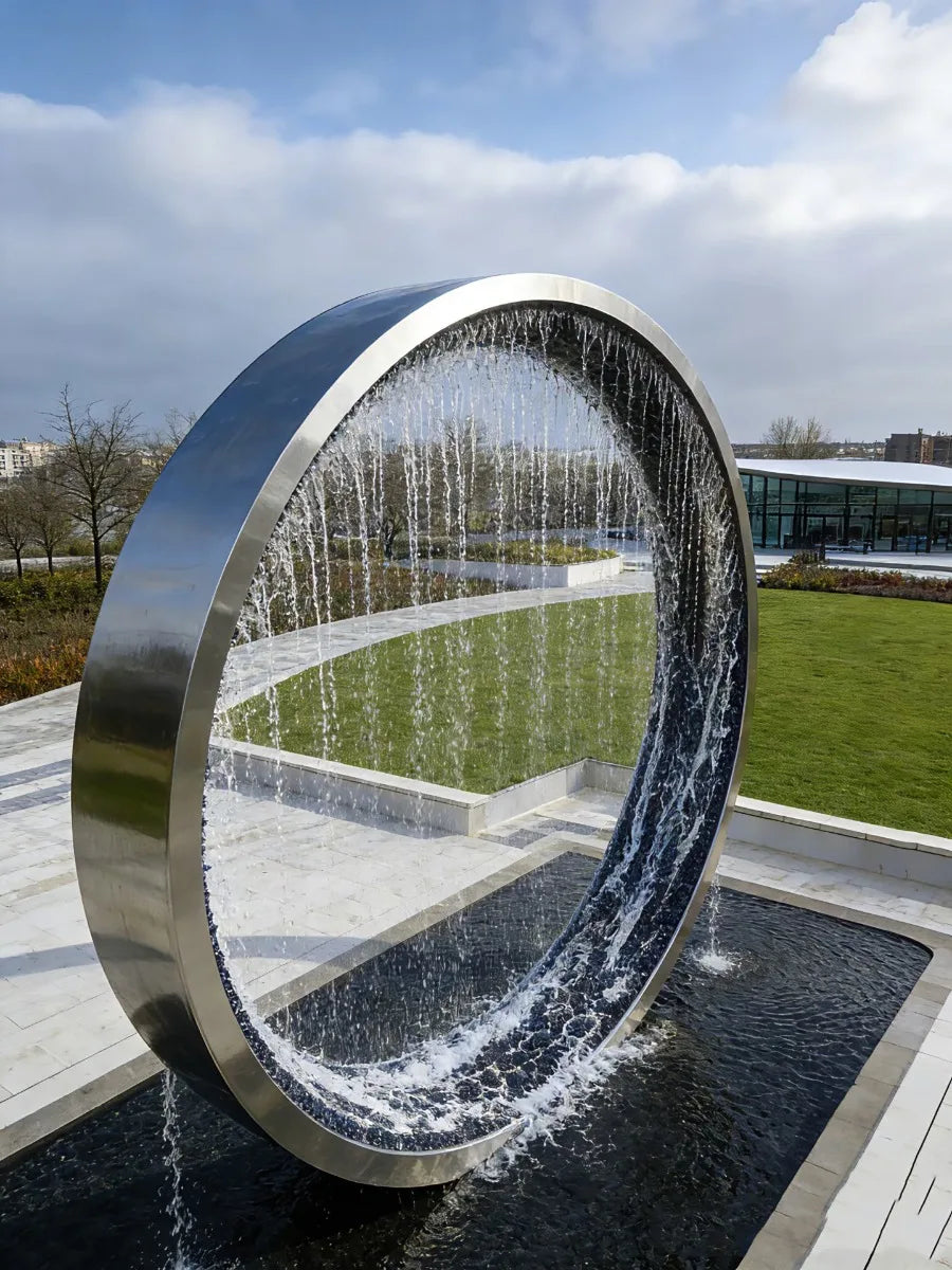 Garden Ring Waterfall Fountain in a portrait daylight view, with a polished ring and cascading water over a rectangular pool