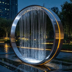 Garden Ring Waterfall Fountain at dusk, with a lit water curtain and a silver circular frame reflected in the pool below
