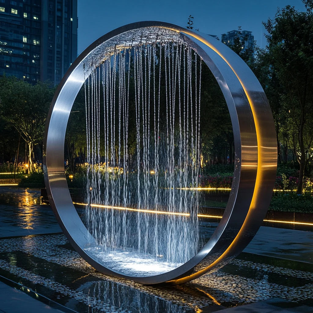 Garden Ring Waterfall Fountain with a polished silver ring and illuminated water curtain in an outdoor pool at dusk