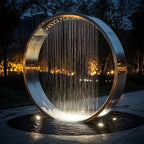 Garden Ring Waterfall Fountain with a silver ring framing illuminated falling water and ripples in a round pool at night