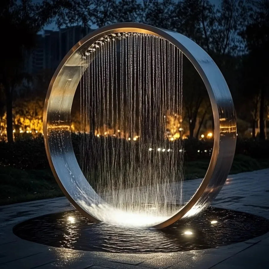 Garden Ring Waterfall Fountain with a silver ring framing illuminated falling water and ripples in a round pool at night