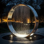 Garden Ring Waterfall Fountain at night, with a bright water curtain reflected in a round pool surrounded by paving