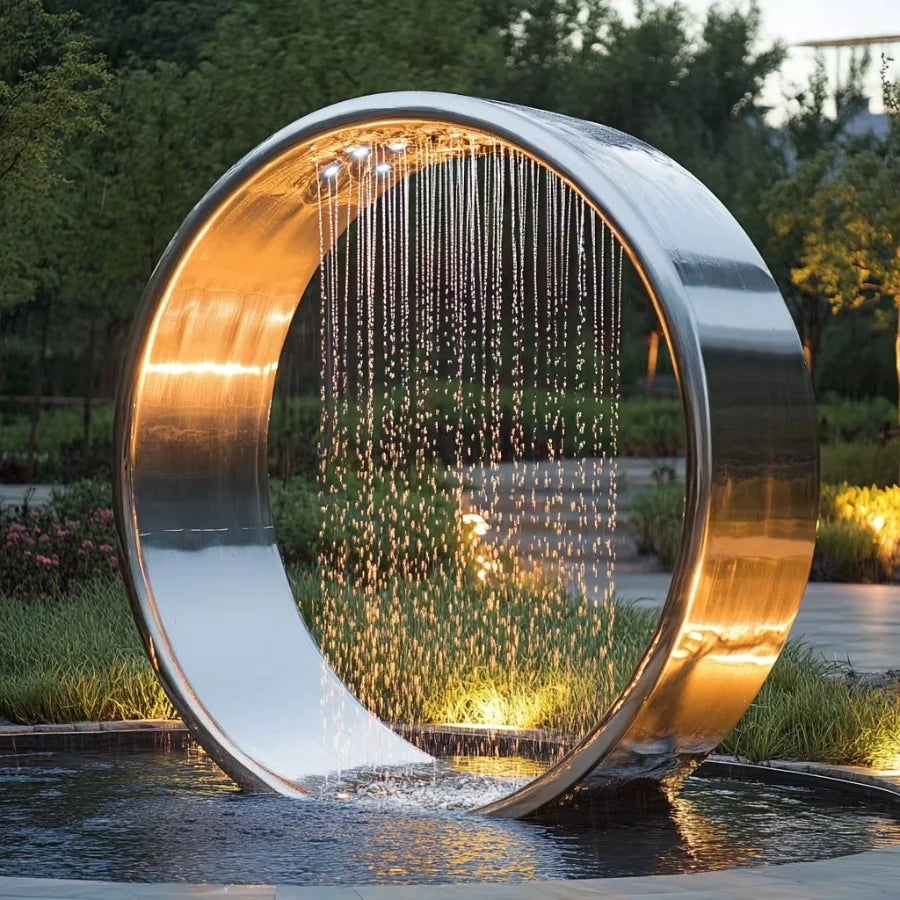 Garden Ring Waterfall Fountain showing a broad polished silver frame, warm reflections and falling water beside planting