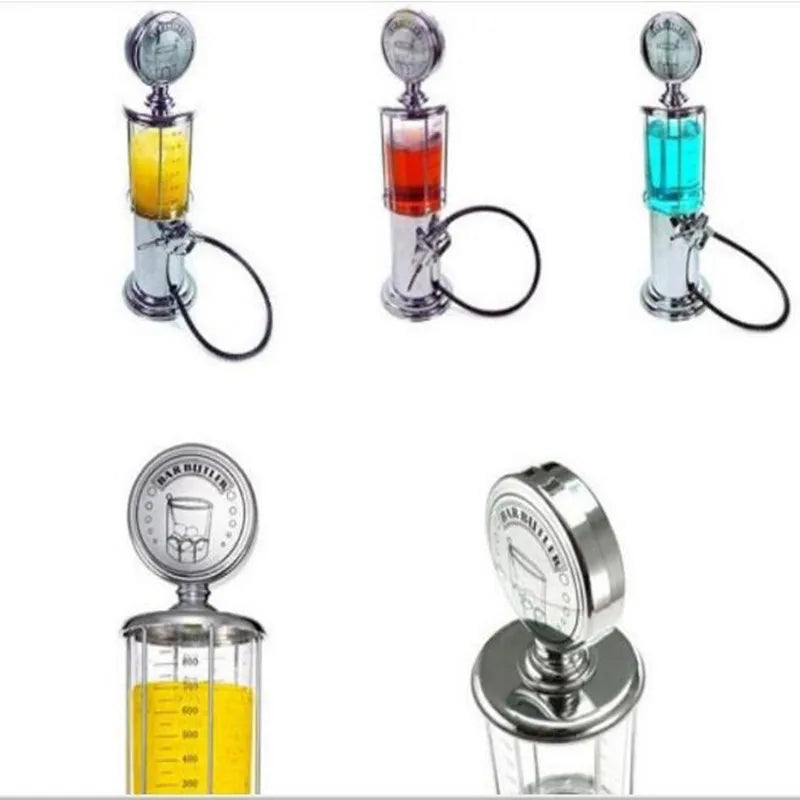 Gas Pump Drink Dispenser collage showing single-nozzle units with yellow, red and blue drinks