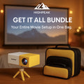 HighPeak Get It All Bundle with yellow projector, tripod stand, and carrying bags in cozy indoor movie setup.