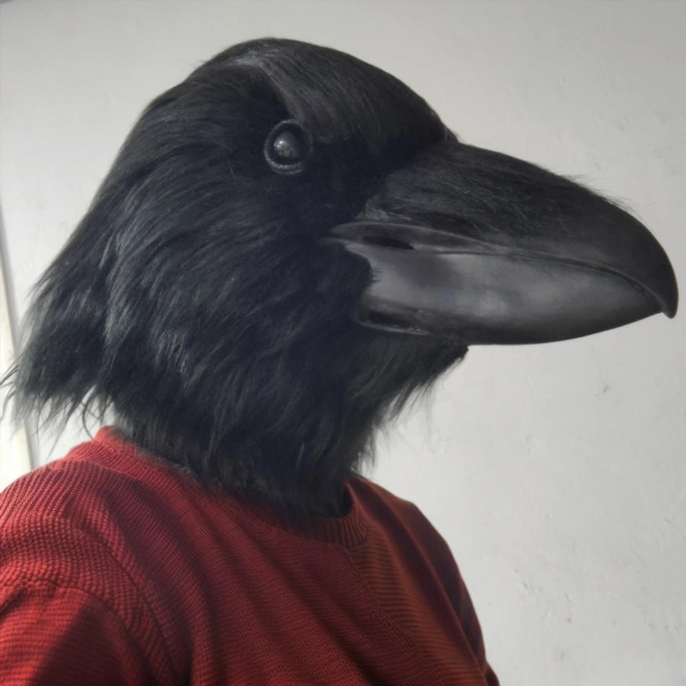 Giant Crow Head Mask right-side profile highlighting the curved beak and black head covering.