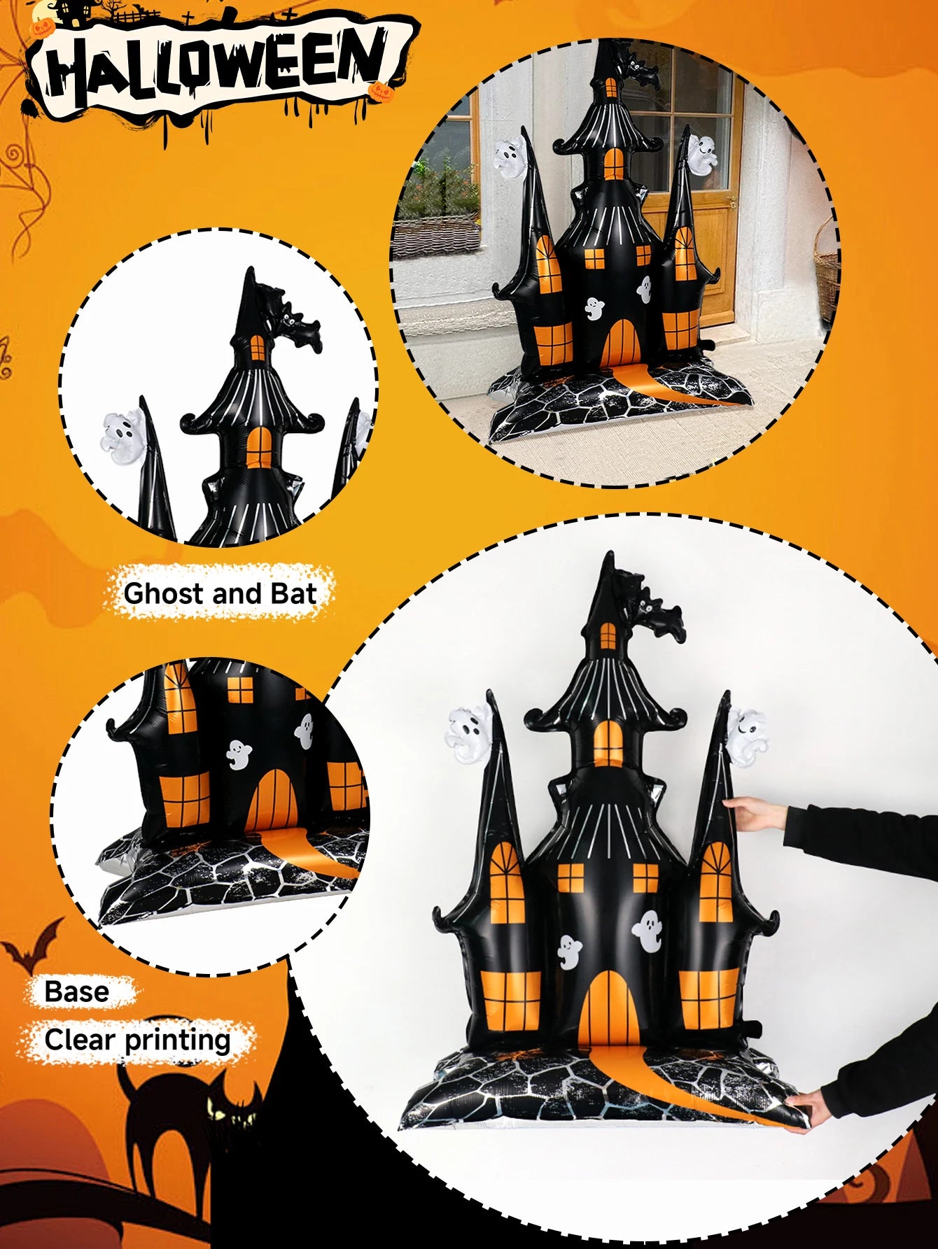 Giant Haunted House Balloon feature collage highlighting the ghosts, bat, printed base, and full standing design