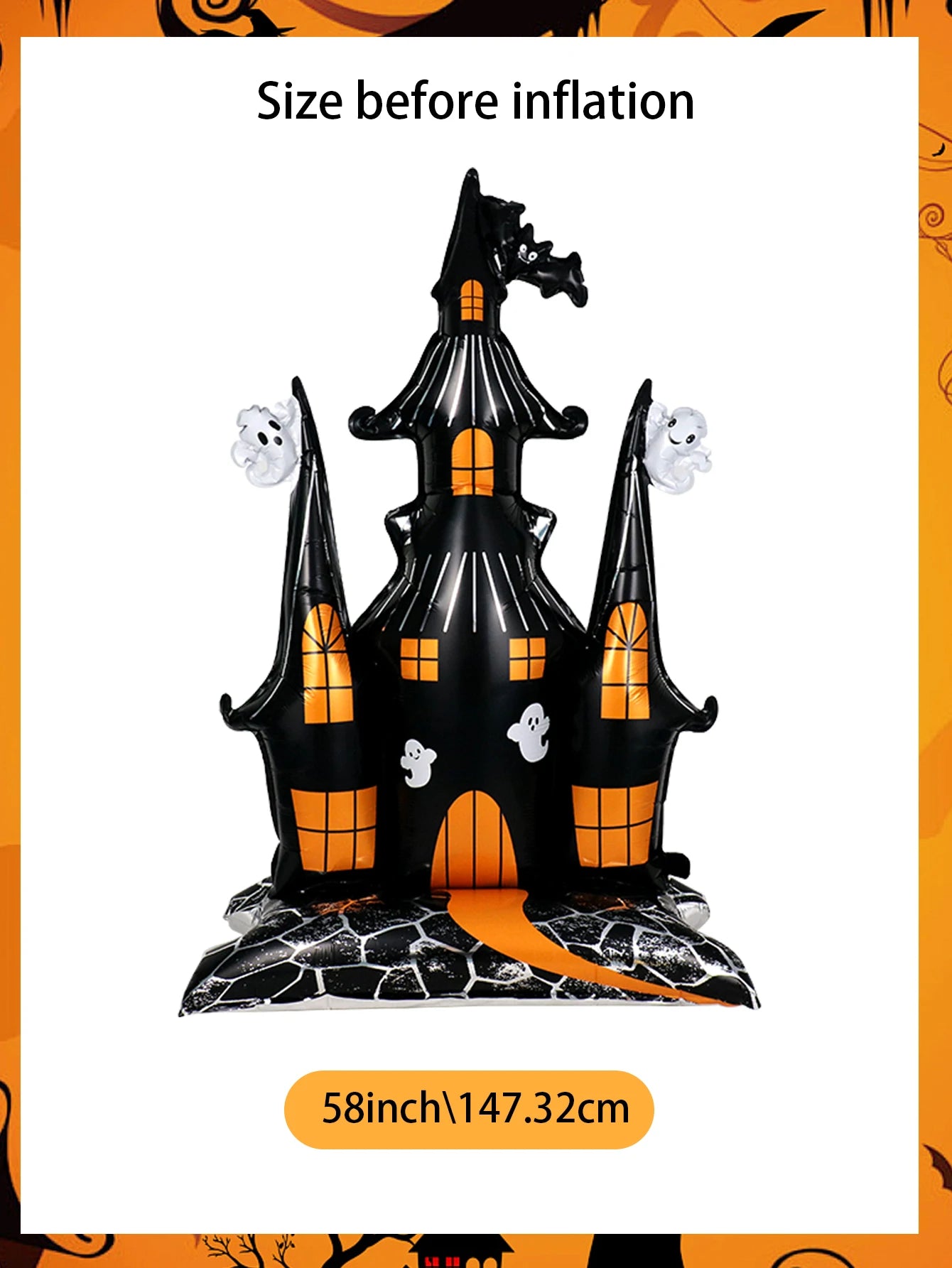 Giant Haunted House Balloon size-before-inflation guide showing 58 in (147.32 cm) height