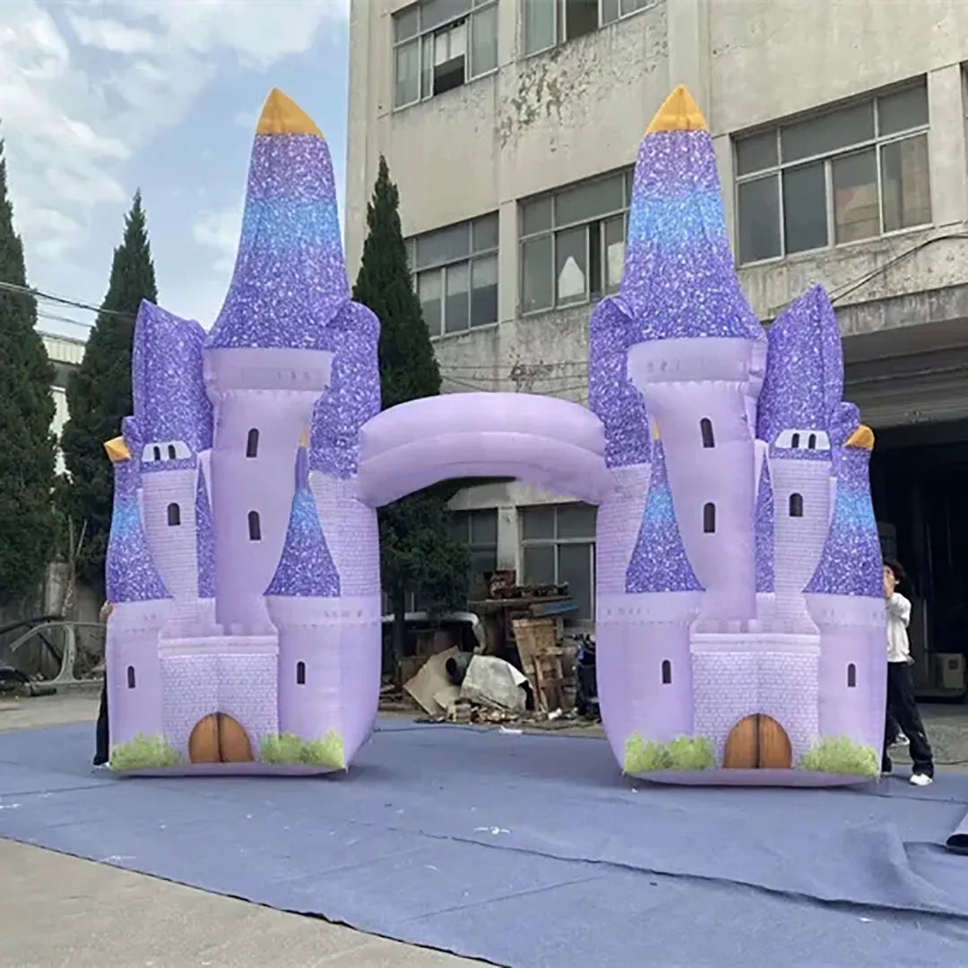 Giant Inflatable Castle Arch in purple shown fully inflated from the front at an outdoor setup area