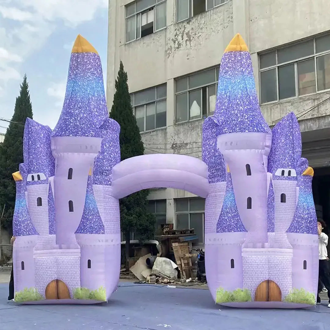 Giant Inflatable Castle Arch with purple towers and central walk-through entrance shown at full scale