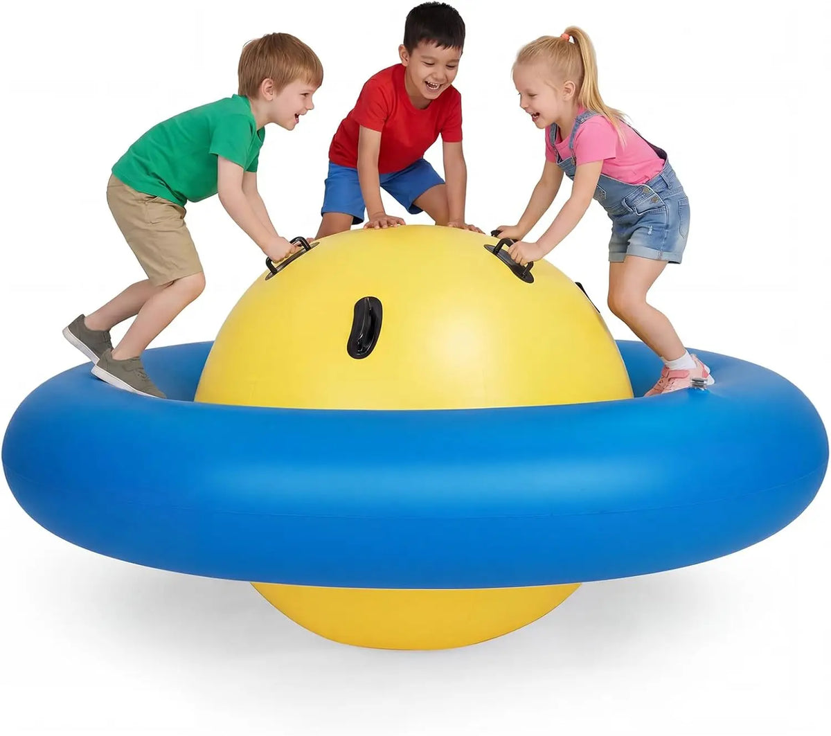 Giant Inflatable Dome Rocker with three children playing on the blue ring around its yellow center