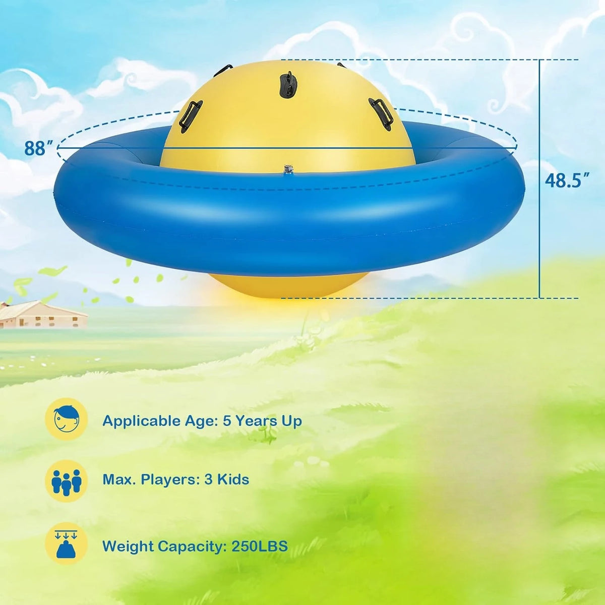 Giant Inflatable Dome Rocker size diagram marked 88 inches wide, 48.5 inches high, and 250 lb capacity