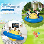 Giant Inflatable Dome Rocker shown in a backyard and indoors, with a warning against use on water