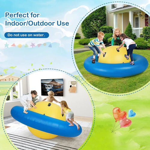 Giant Inflatable Dome Rocker shown in a backyard and indoors, with a warning against use on water