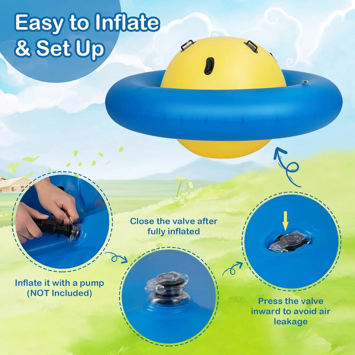 Giant Inflatable Dome Rocker inflation guide showing the pump connection and closing the air valve