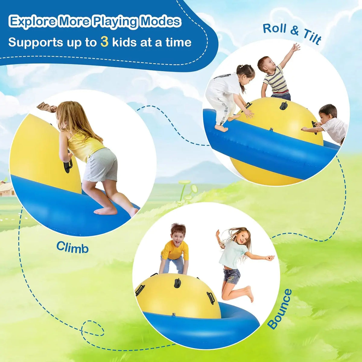 Giant Inflatable Dome Rocker collage showing children rocking, climbing, and bouncing around the dome