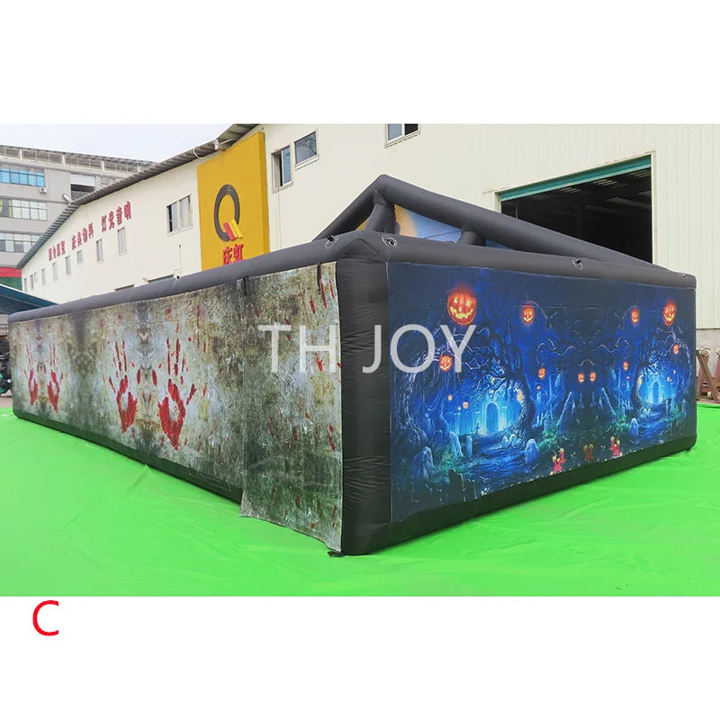 Giant Inflatable Haunted Maze gray blood-print and blue forest exterior corner view outdoors