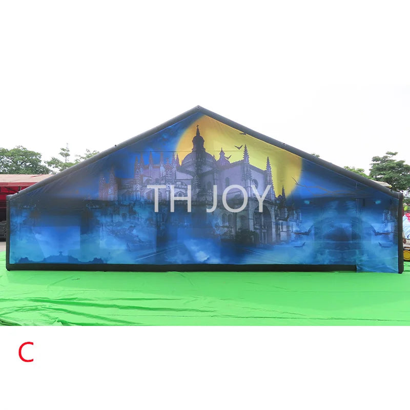 Giant Inflatable Haunted Maze blue haunted castle front wall displayed in an outdoor setup