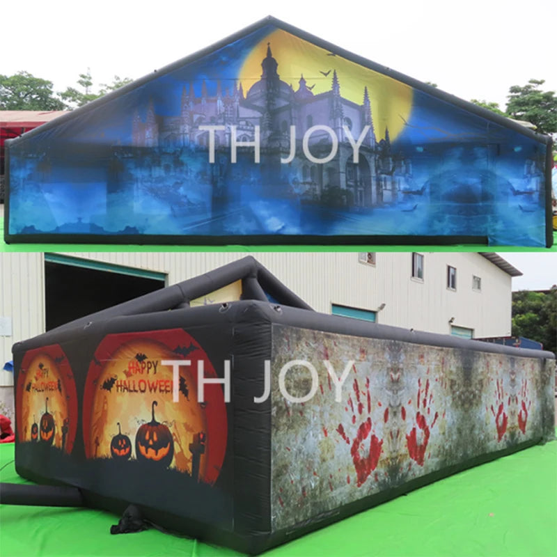 Giant Inflatable Haunted Maze with blue castle facade and orange Halloween exterior wall design