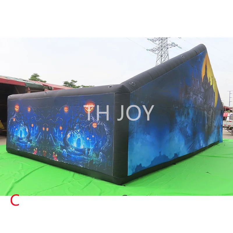 Giant Inflatable Haunted Maze blue forest side wall and black inflatable frame displayed outdoors