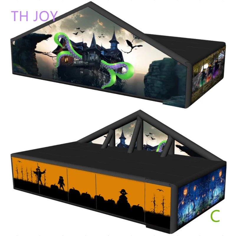 Giant Inflatable Haunted Maze with green tentacle castle artwork and exterior side panel views
