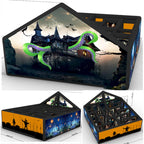 Giant Inflatable Haunted Maze green tentacle castle design shown from three exterior angles