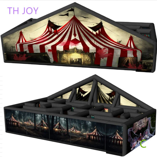 Giant Inflatable Haunted Maze with haunted circus facade and open overhead labyrinth view