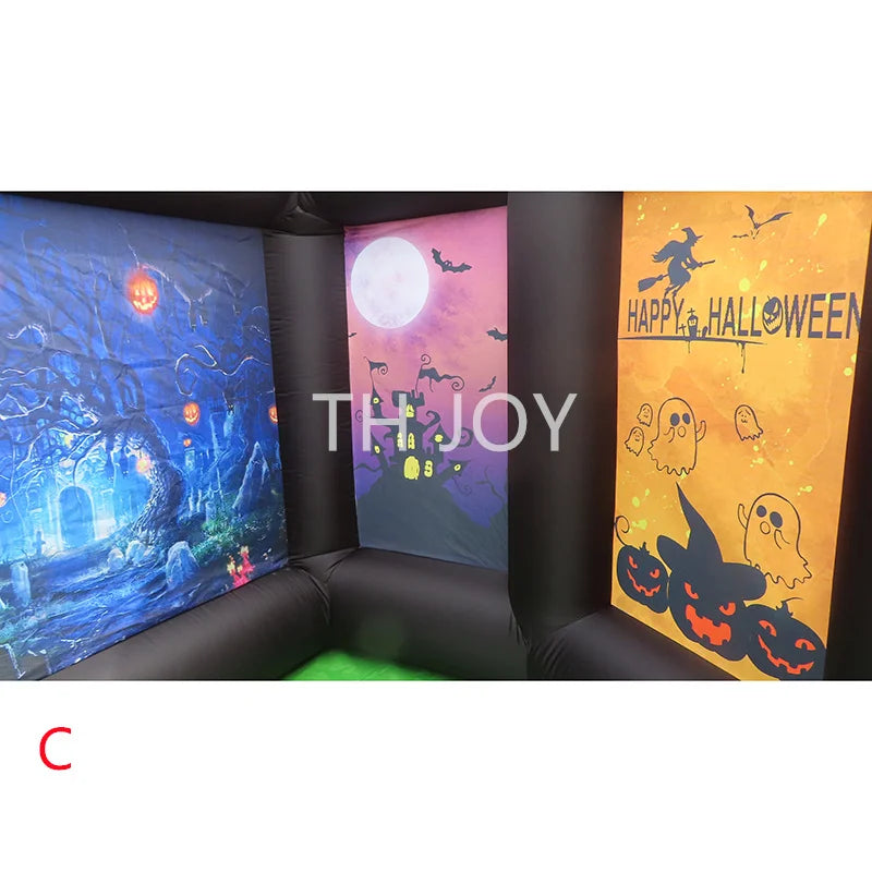 Giant Inflatable Haunted Maze interior corridor with four different Halloween wall panel designs