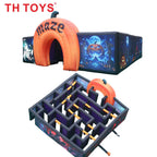 Giant Inflatable Haunted Maze with orange entrance and overhead view of the interior labyrinth