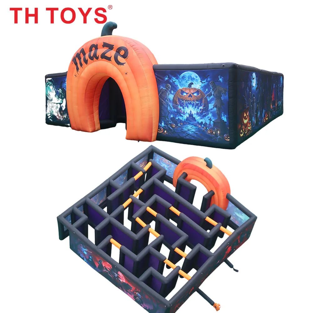 Giant Inflatable Haunted Maze with orange entrance and overhead view of the interior labyrinth