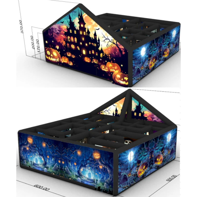 Giant Inflatable Haunted Maze with pumpkin castle exterior and blue open-maze dimensional view