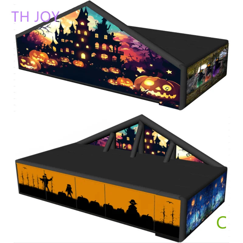 Giant Inflatable Haunted Maze pumpkin castle roofed exterior shown from two product angles