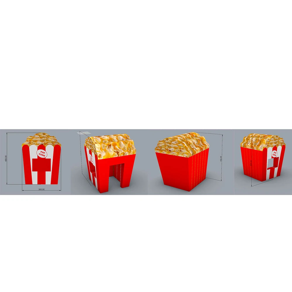 Popcorn stand design diagram showing front, side and rear views with dimension markers.