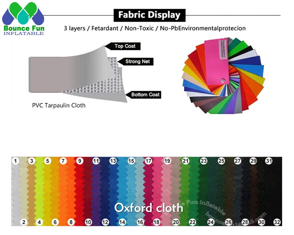 Supplier fabric chart showing PVC tarpaulin layers and colored Oxford cloth swatches.
