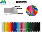 Supplier fabric chart showing PVC tarpaulin layers and colored Oxford cloth swatches.