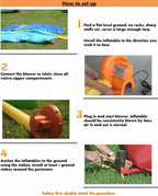 Supplier four-step inflatable setup guide showing unfolding, blower connection, inflation and ground anchoring.