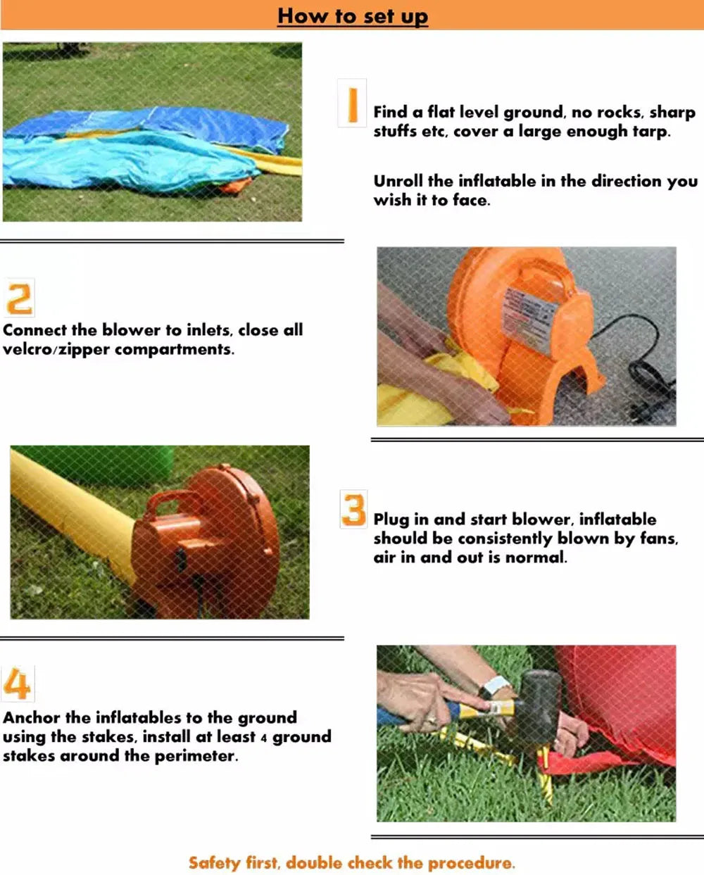 Supplier four-step inflatable setup guide showing unfolding, blower connection, inflation and ground anchoring.